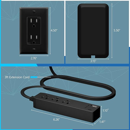 LIDER Outlet Extender with 3 Receptacles, 12W USB Type-A, and USB Type-C, USB Port, Ultra-Thin Wall Plate Plug with Cord Extender, 3-Outlet Power Strip, Flat-Face, 3ft Cord, ETL-Listed, Black, 2 Pack