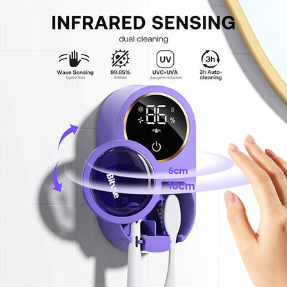 Bitvae Tooth Brush Holder for Bathroom Infrared Sensing | Toothbrush Cleaner, Wall-Mounted for Any Size Toothbrushes, Air Drying, LED Smart Screen, Purple