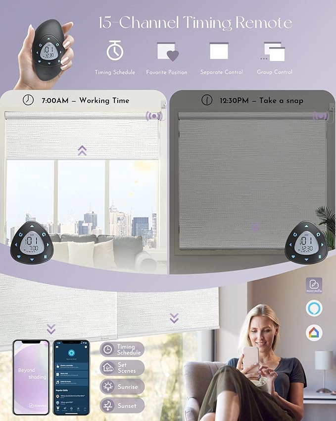 Graywind Motorized Shades 100% Blackout Work with Alexa Google WiFi Hardwired Smart Roller Shade Remote Control Automated Blinds, Customized Size (Jacquard White)