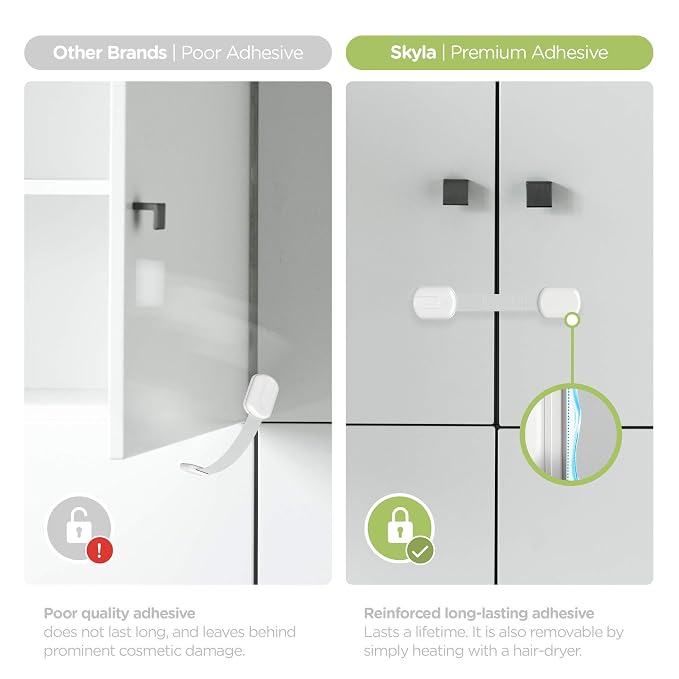 SKYLA HOMES Child Safety Cabinet Locks, White, 12 Pack | ABS and TPE adhesive latches for cabinets, drawers, ovens and toilet seats; no screws or magnets needed