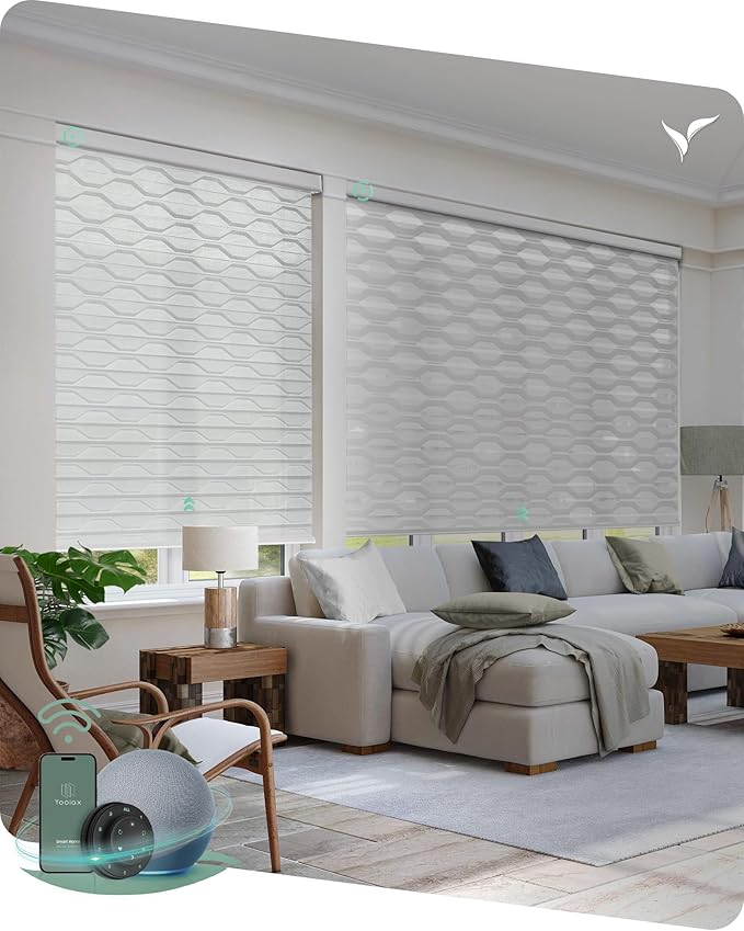 Yoolax Motorized Blinds with Remote, Zebra Shades for Indoor Windows, Room Darkening Smart Blinds with Voice Control, Compatible with Alexa Google Home, APP Control, Custom Size, White