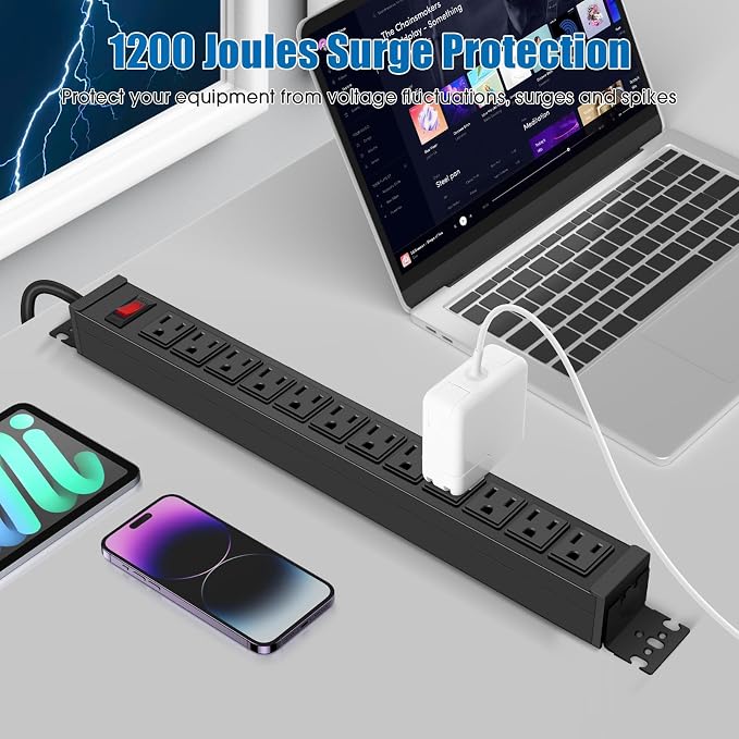 HHSOET Rotating 12 Outlet Surge Protector Power Strip, 1200J, 6FT, Black, 1 (Pack of 2)
