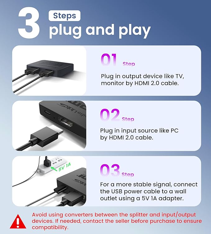 avedio links HDMI Splitter 4K@60Hz, HDMI Splitter 1 in 2 Out-Not Extended Display(Only Mirror Screens), Support 3D Dol-by Vision Atmos HDMI2.0b, HDCP2.2, 18.5Gbps, Auto Downscaling, Full HD 1080P
