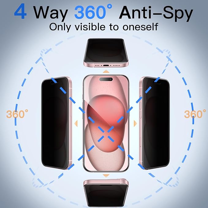 JETech 360 Degree Privacy Screen Protector for iPhone 15 6.1-Inch, 4-Way Anti-Spy Tempered Glass Film with Easy Installation Tool, 2-Pack