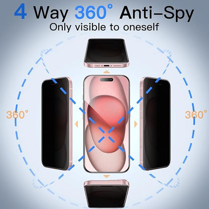 JETech 360 Degree Privacy Screen Protector for iPhone 15 6.1-Inch, 4-Way Anti-Spy Tempered Glass Film with Easy Installation Tool, 2-Pack