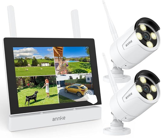 ANNKE Wireless Security Camera System, 7'' Touch Screen Monitor, 64GB SD | 2K HD 4CH WiFi NVR, 2 Wireless Outdoor Cameras, Plug & Play, Human Detection, Two-Way Audio, 100 ft Night Vision, IP66