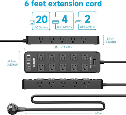 20AC Power Strip with USB Ports, Heavy Duty Surge Protector Power Strip 15 Amp, 6Ft Extension Cord with Multiple Outlets (Black, 6.5FT)