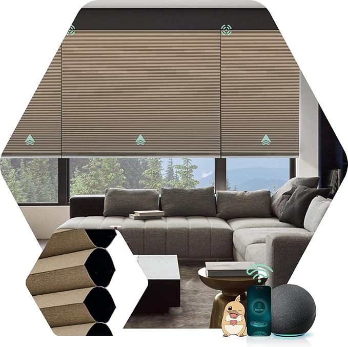 Yoolax Motorized Cellular Shades Compatible with Alexa, Blackout Motorized Blinds with Remote Smart Honeycomb Shades for Indoor Windows, Automatic Blinds Custom Size (Brown)