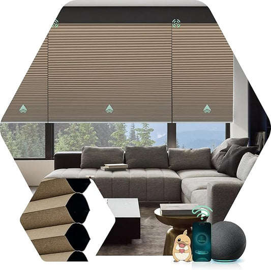 Yoolax Motorized Cellular Shades Compatible with Alexa, Blackout Motorized Blinds with Remote Smart Honeycomb Shades for Indoor Windows, Automatic Blinds Custom Size (Brown)