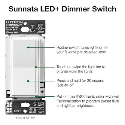 Lutron Sunnata Touch Dimmer Switch with Sunnata Accessory Switch with Wallplates, for 3 Way Applications, 150W LED, White