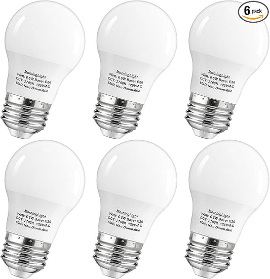 MorningLight 6 Pack A15 LED Bulbs 60 Watt Equivalent, 2700K Warm White, E26 Base, Non-Dimmable, 6.5W 600 Lumens Bulb, A15 6.5W LED Light Bulbs for Ceiling Fan, Wall sconces, 25000+ Hours Lifespan