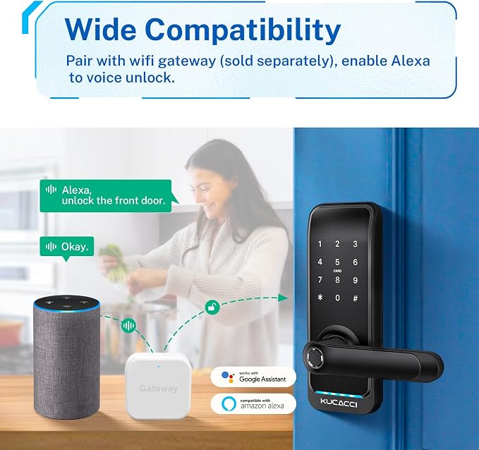 Keyless Entry Smart Lock with Handle: Kucacci Smart Door Lock with Keypad - Digital Fingerprint Lock with Keypad -APP Control for Exterior Door- Easy Retrofit Knob Deadbolt Lever