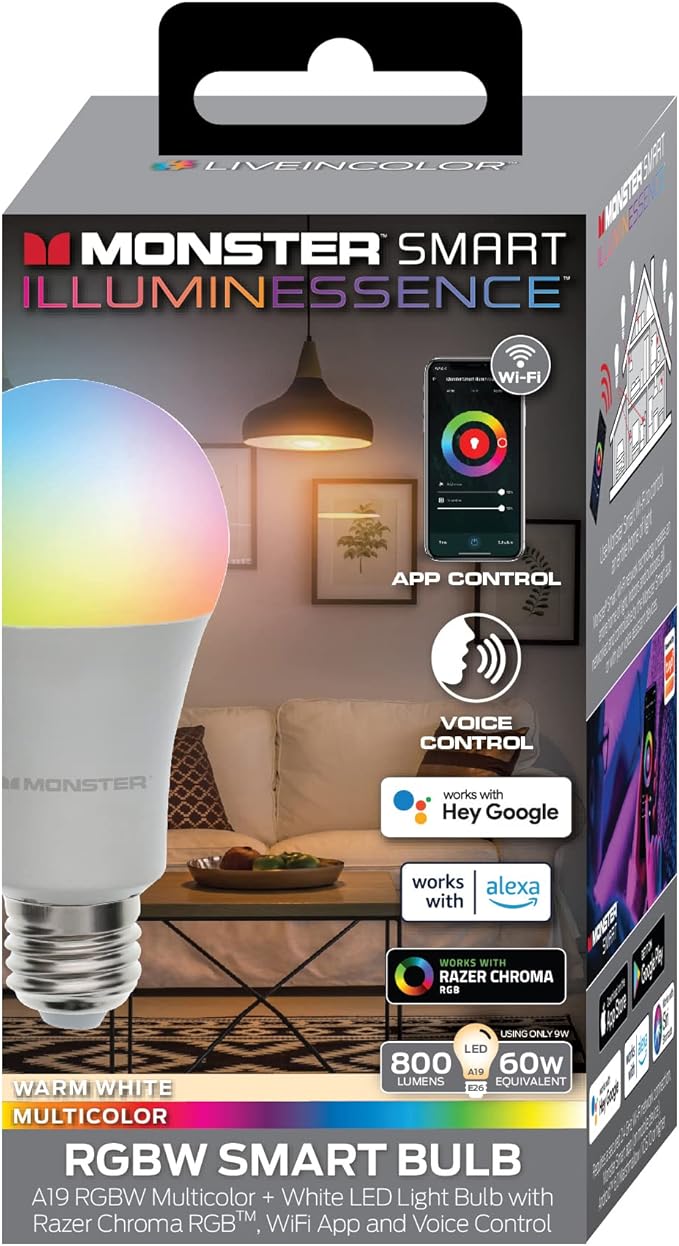 Monster Multi-Color and Warm-White LED Light Bulb, 16,000,000 Lighting Possibilities, Customizable with App, Compatible with Alexa/Siri/Google Assistant, Wi-Fi Enabled, 1-Pack, 9 watt