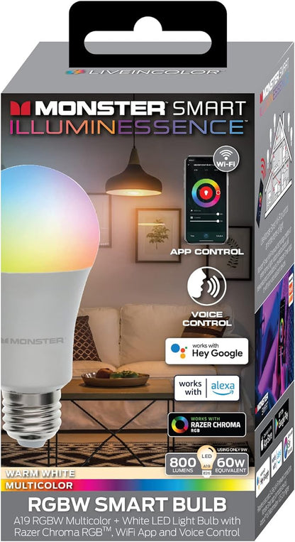 Monster Multi-Color and Warm-White LED Light Bulb, 16,000,000 Lighting Possibilities, Customizable with App, Compatible with Alexa/Siri/Google Assistant, Wi-Fi Enabled, 1-Pack, 9 watt
