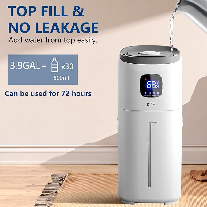 KZF 15L Humidifiers for Bedroom Large Room with a Spray Can - 2000 Sq.ft Coverage, 72Hrs Runtime, Top Fill, 26dB Quiet, 3 Mist Levels & Diffuser, Auto Shut-Off, Ready for Baby Nursery and Plants