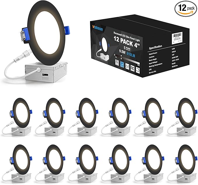 VOLISUN 12 Pack 4 inch Recessed Lighting, 5CCT LED Recessed Light Black, 2700K-5000K Selectable, 9.5W Eqv 80W, 810LM Dimmable Canless Wafer Downlight, LED Ceiling Light ETL Certificated