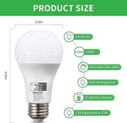 Qualilux Dusk to Dawn Light Bulbs, Auto On/Off Light Sensing LED Bulbs Outdoor, Soft White, Dimmable, 12W 1000LM 75W Equivalent, HQ-H030
