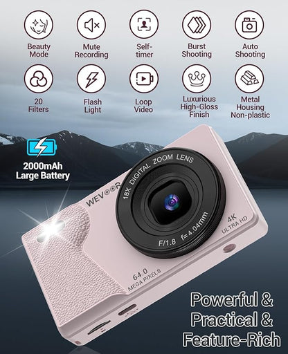 4K Digital Camera for Photography- 64MP Autofocus Vlogging Camera with Dual Lens, 18X Digital Zoom- Small Point and Shoot Camera with Card and 2000mAh for YouTube, Travel, Beginners (Pink)
