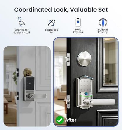 Veise VE029-E Wi-Fi Smart Lock with Handle & Non-Keyed Deadbolt, Fingerprint Keyless Entry Lock for Front Door, APP Remote Control, Keypad Electronic Digital Knob, IP65 Waterproof, Satin Nickel