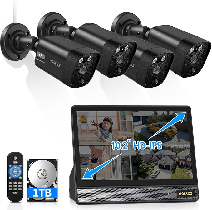 (2026 New) 4K PoE Security Camera System Outdoor, 8CH NVR with 10" IPS Monitor & 1TB HDD, 4 Cameras, 130° Wide Angle, AI Human Detection, Two-Way Audio, No Monthly Fee