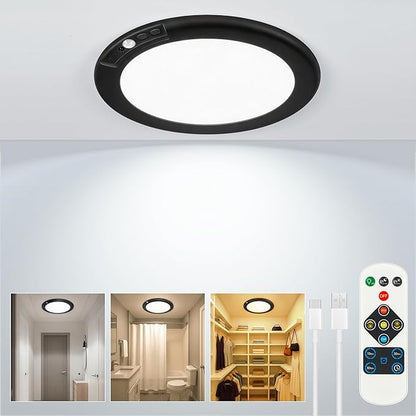 Wireless Closet Lights Motion Sensor - Black Rechargeable Ceiling Light Night Light Indoor, Battery Operated Led Lights for Bedroom with Remote, Living Room Bathroom Home & Kitchen Decor Lighting