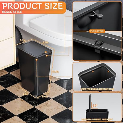 Yieach 12L Black Slim Bathroom Trash Can with Lid,3.17 Gallon Pet/Dog Proof Kitchen Trash Can,Rectangle Thin Garbage Can,Covered Waste Basket,Narrow Small Plastic Trashcan for Room,Bedroom,Office,2PCS