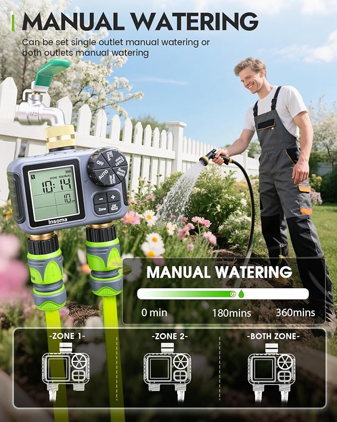 Insoma 2-Zone Sprinkler Timer with Brass Inlet & Outlet, Water Timer for Garden Hose with Auto/Manual/Rain Delay Mode, Big LCD Display, Easy Setup Hose Timers for Lawn, Garden, Vacation Watering