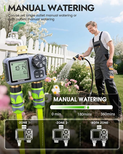 Insoma 2-Zone Sprinkler Timer with Brass Inlet & Outlet, Water Timer for Garden Hose with Auto/Manual/Rain Delay Mode, Big LCD Display, Easy Setup Hose Timers for Lawn, Garden, Vacation Watering