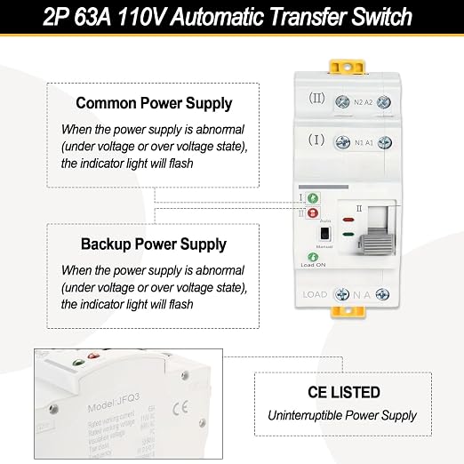 Ketofa 2P 63A 110V Automatic Transfer Switch, Uninterruptible Power, White