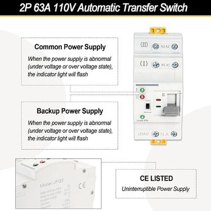 Ketofa 2P 63A 110V Automatic Transfer Switch, Uninterruptible Power, White