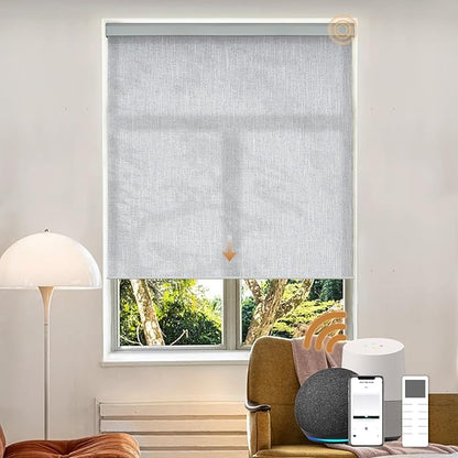 Motorized Light Filtering Roller Shades with Remote Control, Electric Smart Shades Compatible with Alexa and Google, Rechargeable, Customizable Size (Textured Light Grey)