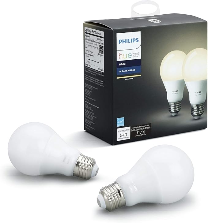 Philips Hue White 2-Pack A19 60W Equivalent Dimmable LED Smart Light Bulbs, Works with Alexa, HomeKit & Google Assistant, (All US Residents, Hub Required)