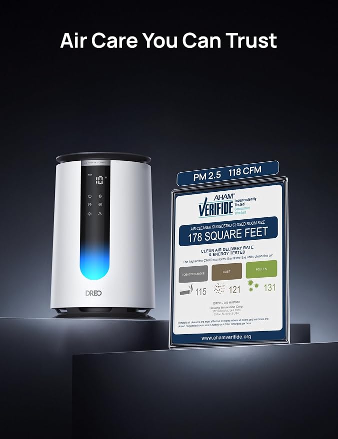 DREO Air Purifier 338 for Home, AHAM Verified HEPA Air Cleaner for Bedrooms Up to 1176 Sq Ft, Smart Cleaner for Pets, Smoke & Odors, PM2.5 Monitor, Aromatherapy, DR-HAP008, Snow White