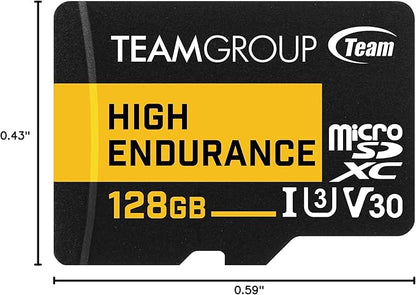 TEAMGROUP HIGH Endurance 128GB Micro SDXC UHS-I U3 V30 4K 100MB/s (Designed for Monitoring) Stable Durable Long Lasting Flash Memory Card, Support 4K & Full HD Video Recording THUSDX128GIV3002