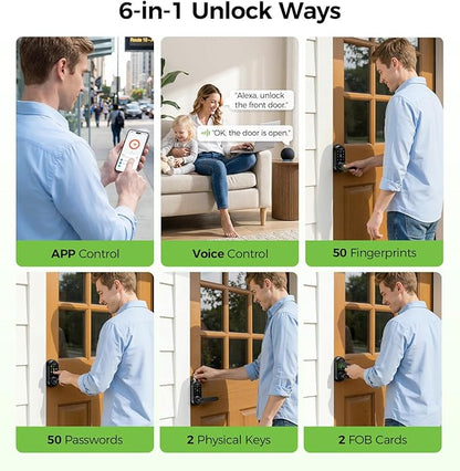 Smart Lock Keypad Door Lock with Handle, WiFi Keyless Entry Door Lock with Handle,Door Keypad Locks with Alexa & Google Assistant,Voice Control & APP Remote,Fingerprint,Key Fob,PIN Unlock,Auto Locking