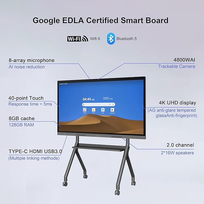 65" 4K Smart Board,Google EDLA Certified with 50MP AI Camera,40-Point Touch Digital Whiteboard,Android 14, 8+128GB,SmartBoard for Classroom Office Home（Wall Mount Included） (65 Inch)