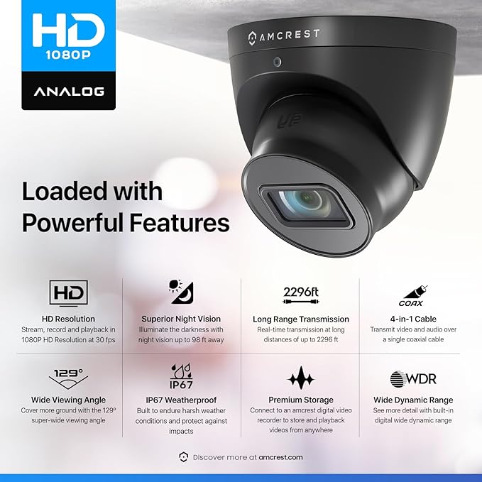 Amcrest Analog Outdoor Security Camera, Dome 2MP 1080P @ 30fps, Quadbrid HD-CVI/TVI/AHD, 98ft Night Vision, IP67 Metal, 129° FOV, Black (Not an IP Camera) (DVR Required, Not Included) (AMC1080DM28-B)