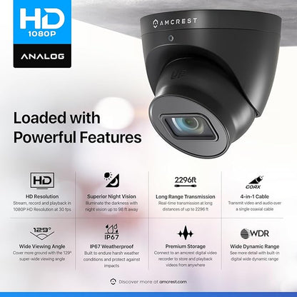 Amcrest Analog Outdoor Security Camera, Dome 2MP 1080P @ 30fps, Quadbrid HD-CVI/TVI/AHD, 98ft Night Vision, IP67 Metal, 129° FOV, Black (Not an IP Camera) (DVR Required, Not Included) (AMC1080DM28-B)