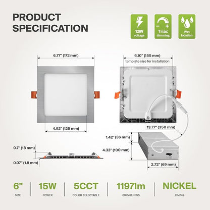ASD 12 Pack LED Square Recessed Lighting 6 Inch, 5 CCT 2700K-5000K, 15W 60W Eqv Ultra Thin Dimmable Ceiling Lights with J Box, Canless Wafer Downlight, Slim Panel Light, UL Energy Star, Brushed Nickel