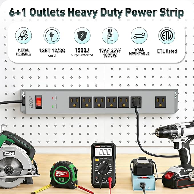 ZESEN 7 Outlet Metal Long Power Strip with Overload Protection & 1500J Surge Protection, 12ft Cord Wall Mounted Industrial Power Strip for Office Workshop Garage, ETL Listed(15A/1875W), Grey