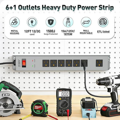 ZESEN 7 Outlet Metal Long Power Strip with Overload Protection & 1500J Surge Protection, 12ft Cord Wall Mounted Industrial Power Strip for Office Workshop Garage, ETL Listed(15A/1875W), Grey