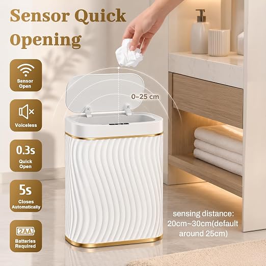 5 Gallon Automatic Bathroom Trash Can with Touchless Lid, White Gold