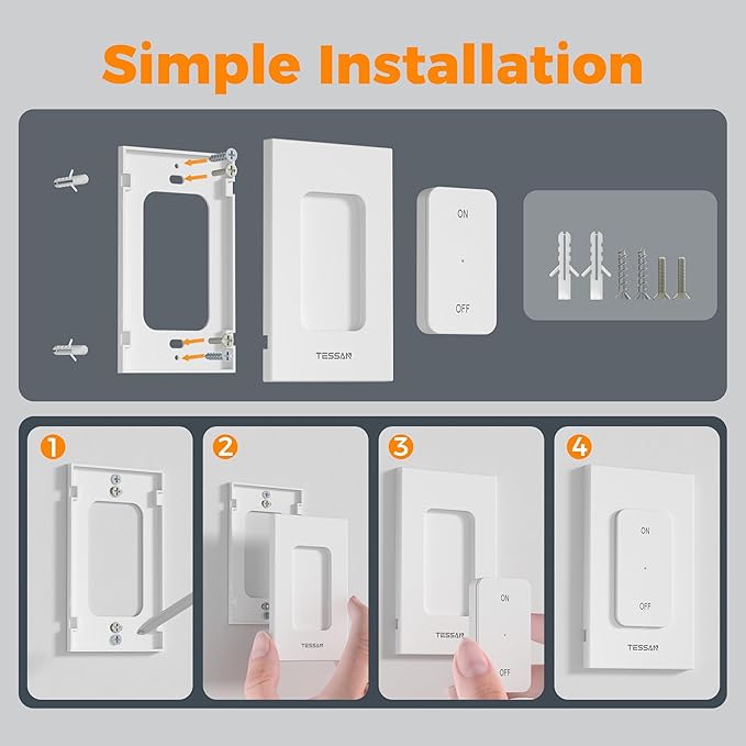 TESSAN Remote Control Outlet Wireless Wall Mounted Light Switch, Range 100FT Remote Control Outlet Plug, Wireless Light Switch for Indoor String Lights, Lamps, 1875W