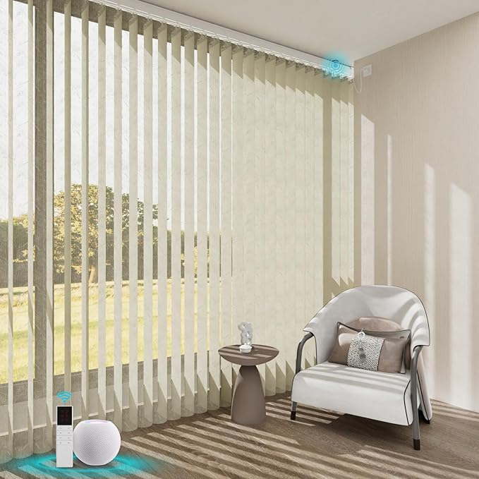 Motorized Sheer Vertical Blinds Work with Alex Google Home, Light Filtering Smart Vertical Blind Sliding Door Blinds Remote Control Blinds for Sliding Glass Door Customize(Jacquard Beige)