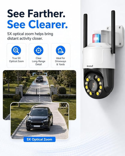 JideTech 5MP Outdoor PTZ WiFi Security Camera, 5X Optical Zoom, Dual Band 2.4G/5G Wireless, Auto Tracking, Human Detection, Color Night Vision, Red & Blue Warning Light, NVR Compatible