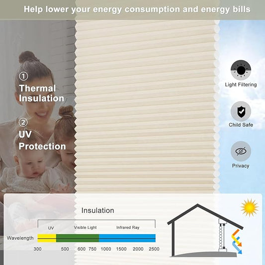 Changshade Cordless Cellular Shades Light Filtering Custom Size, Honeycomb Door Indoor Window Blinds 1.5 inch Cell Easy Install for Home, Office, Living Room, Bedroom, Bathroom, Nursey, Beige