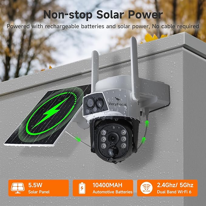 Solar Dual Lens VeryFocal Wireless Security Camera - 6MP QHD 360° PTZ, AI Tracking, 10400mAh + 5.5W Solar, WiFi 6, Standalone/NVR Add-on, Color Night Vision, IP66 Waterproof for Outdoor Home