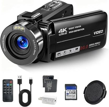 4K Camcorder Video Camera, 80MP HD Vlogging Camera for YouTube with IR Night Vision, 18X Digital Zoom, 3.0" IPS Screen, SD Card, 2 Batteries