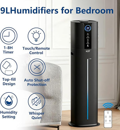 KZF 9L Smart Humidifiers for Bedroom Large Room, 2.3Gal Cool Mist Top Fill Diffuser App & Remote Control, 3 Mist Modes, Quiet Humidifier for Home Office Plant (9L Black App)