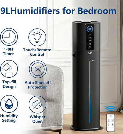 KZF 9L Humidifiers for Bedroom Large Room, 2.3Gal Cool Mist Top Fill Diffuser, Remote Control, 3 Mist Modes, Quiet Humidifier for Home Office Plant (Remote Control, Black)